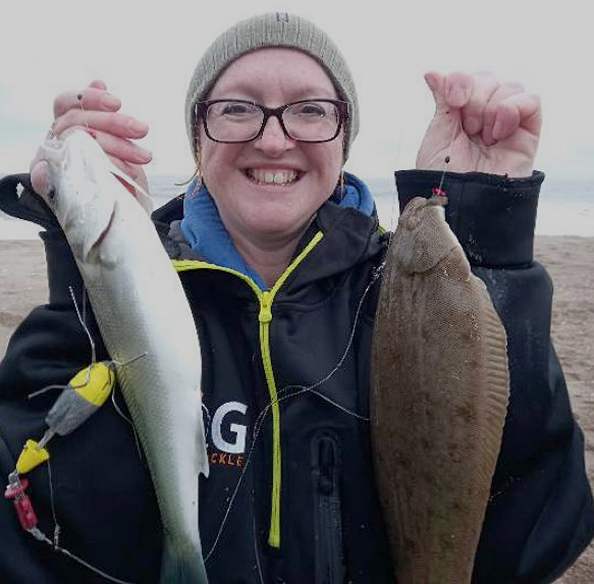 Match winner Tracy Cooper with a school bass and a nice sole double shot